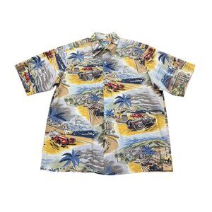 Men’s Vintage 1990s Reyn Spooner Race Car Print Hawaiian Shirt Made in Hawaii